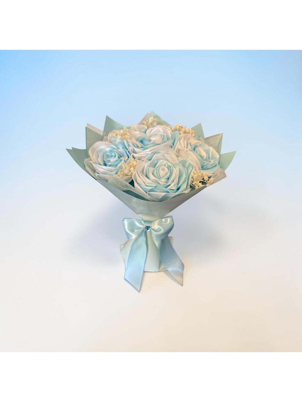 HandmadeLight Blue and White satin Rose Bouquet with Satin Ribbon